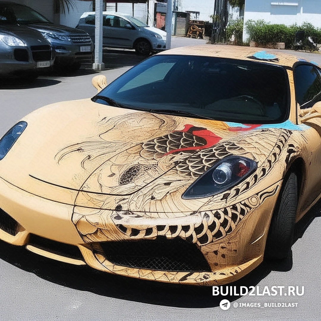 Графический рисунок, отображающий татуировку, нанесенную на капот Ferrari F430, в виде стилизованного дракона